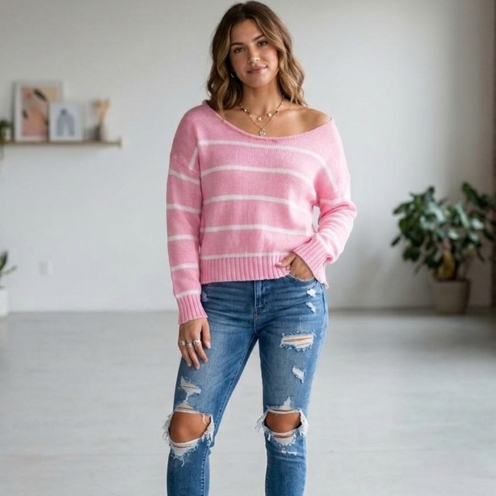 Distressed Off The Shoulder Pink Striped Women's Sweater